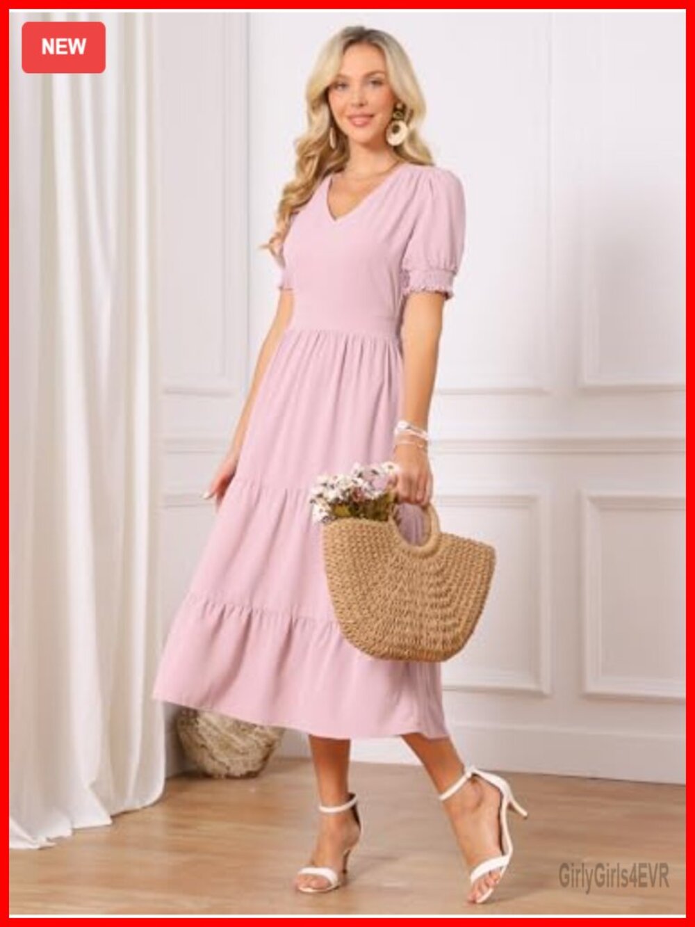Women's V-Neck Smocked Short Sleeve Tiered Midi Dress with Pockets - Picture 5 of 7